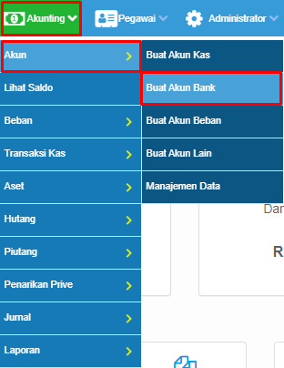 Menu Akunting untuk Membuat Akun Bank