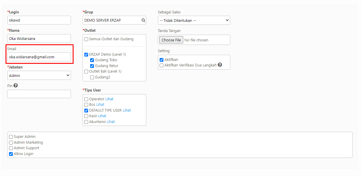 Kolom Email User Approver