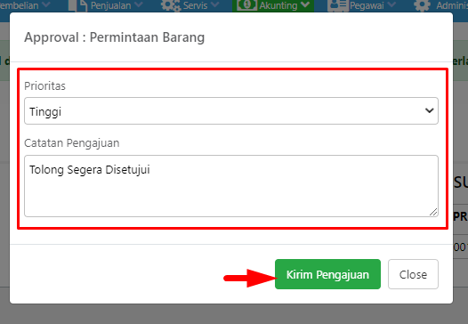 Pop-up Approval Permintaan Barang