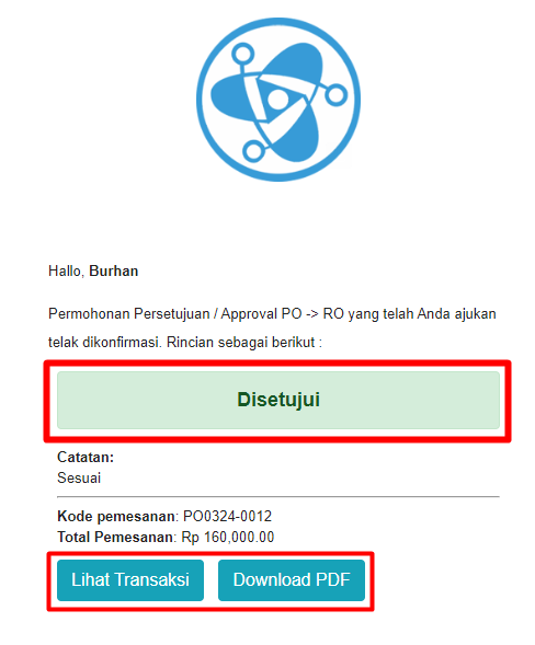 Email notifikasi persetujuan approval dengan tombol lihat transaksi