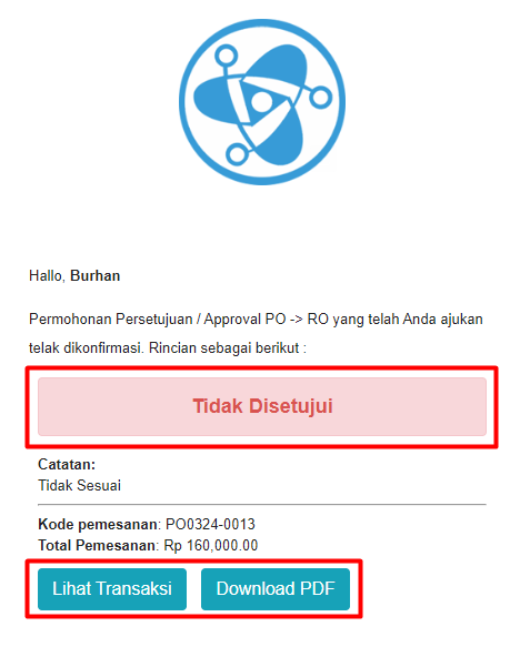 Email notifikasi penolakan approval dengan alasan dari approver