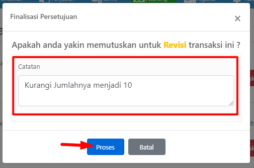Pop-up finalisasi persetujuan revisi dengan kolom catatan wajib diisi