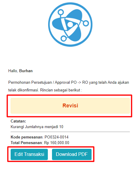 Email notifikasi revisi approval dengan tombol edit transaksi