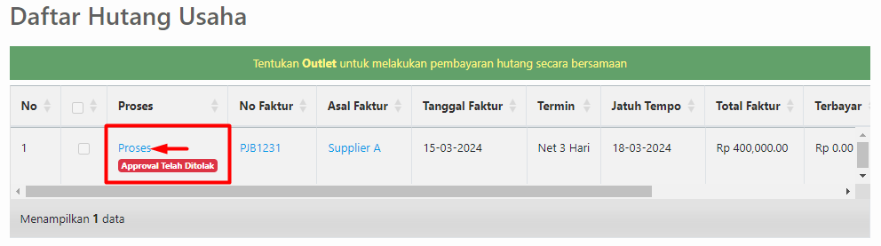 Daftar Hutang Usaha dengan status Ditolak
