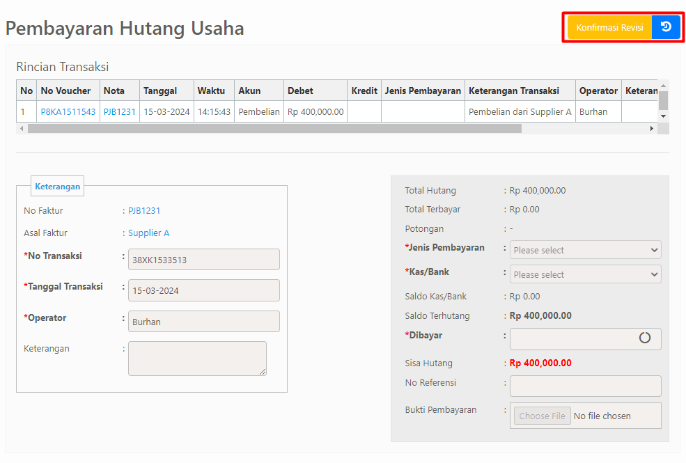 Halaman Pembayaran Hutang Usaha - Konfirmasi Revisi