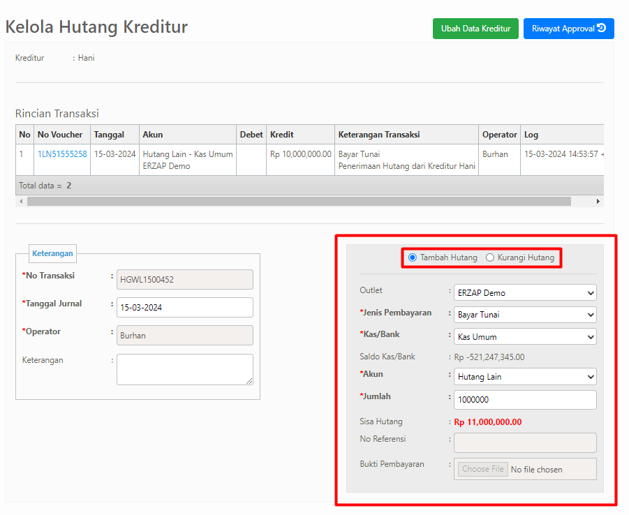 Form Kelola Hutang Kreditur
