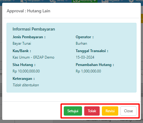 Pop-up Pilihan Status Approval