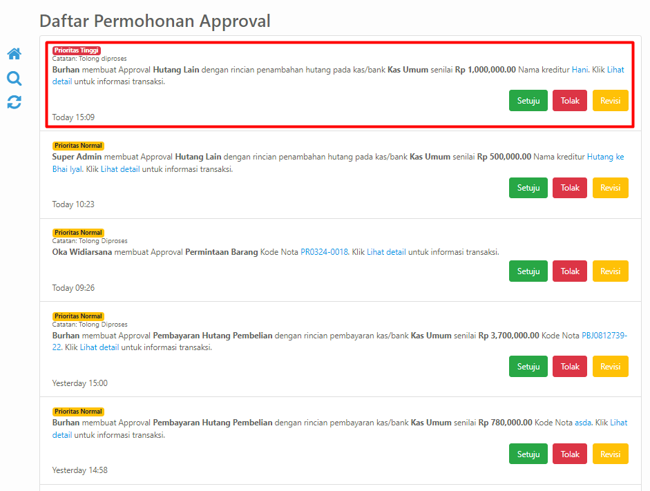 Halaman Daftar Permohonan Approval