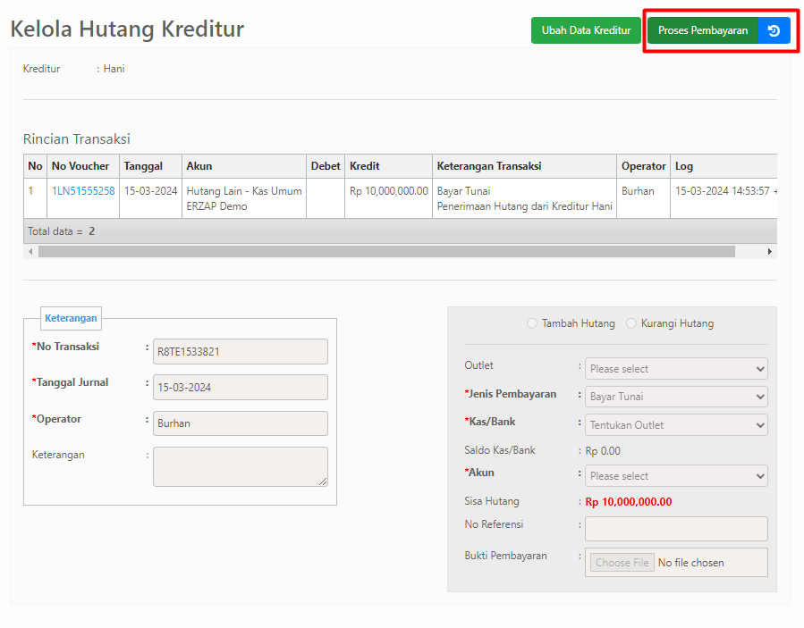 Halaman Kelola Hutang Kreditur
