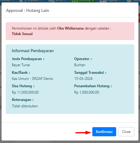 Pop-up Konfirmasi Penolakan
