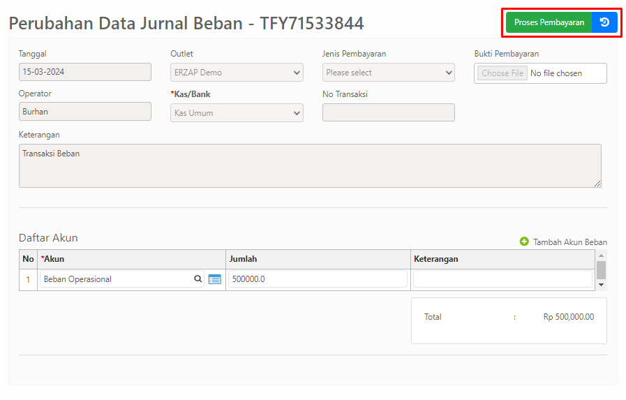 Halaman perubahan data jurnal beban dengan tombol proses pembayaran