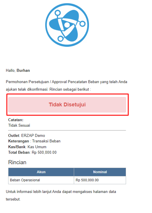 Email notifikasi penolakan approval