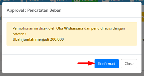 Pop-up konfirmasi revisi dengan informasi approver dan catatan revisi