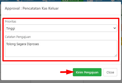 Pop-up pengajuan approval Kas Keluar