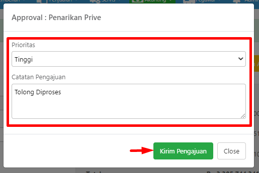 Pop-up approval penarikan prive