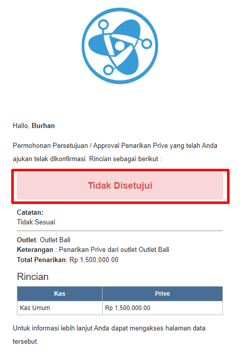 Email notifikasi approval ditolak