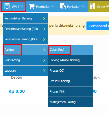 Tangkapan layar modul WMS Pick Pack Cetak Resi
