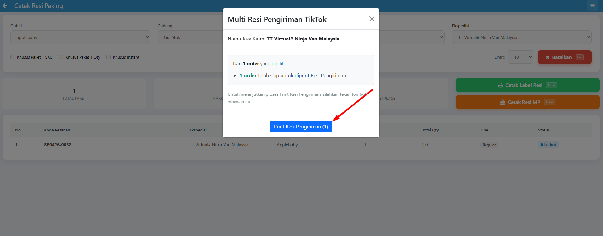 Layar opsi Print Resi Pengiriman