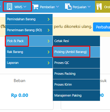 Screenshot menu WMS Pick Pack Picking