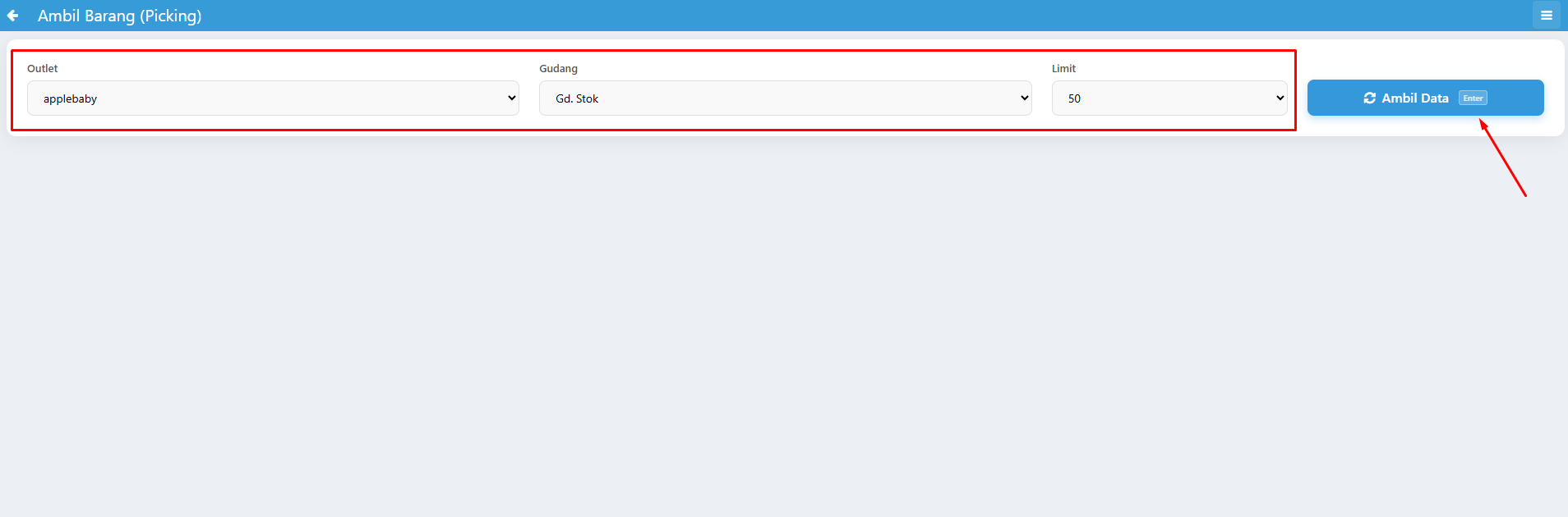 Screenshot filter data Ambil Batch