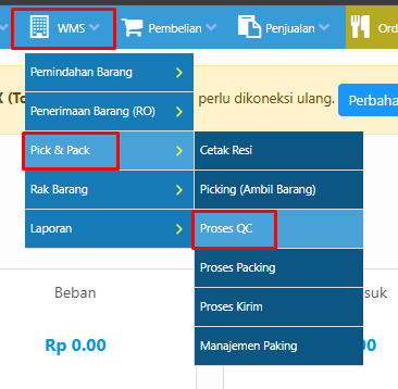 Screenshot menu WMS Pick Pack Proses QC