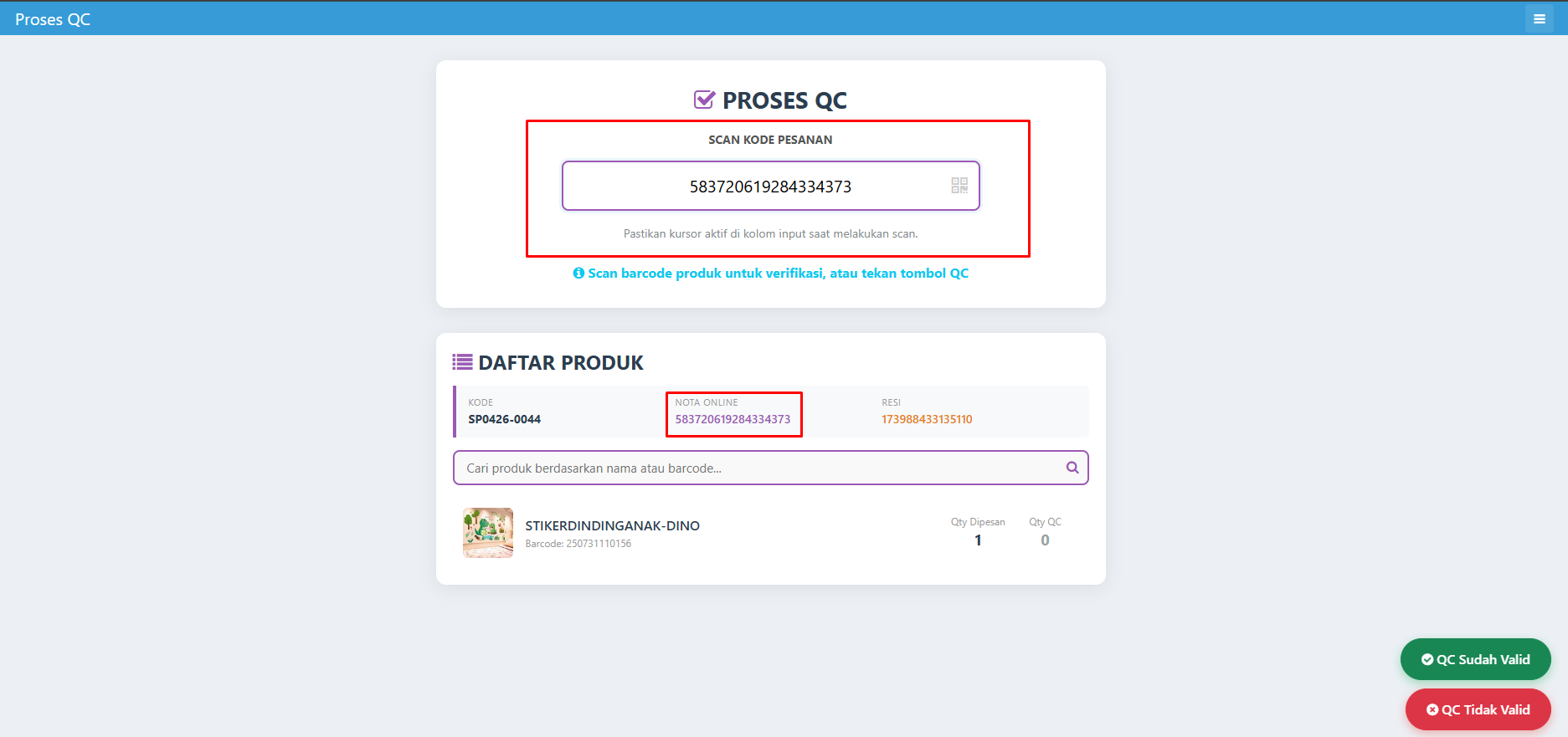 Screenshot verifikasi QC manual dengan tombol QC Sudah Valid