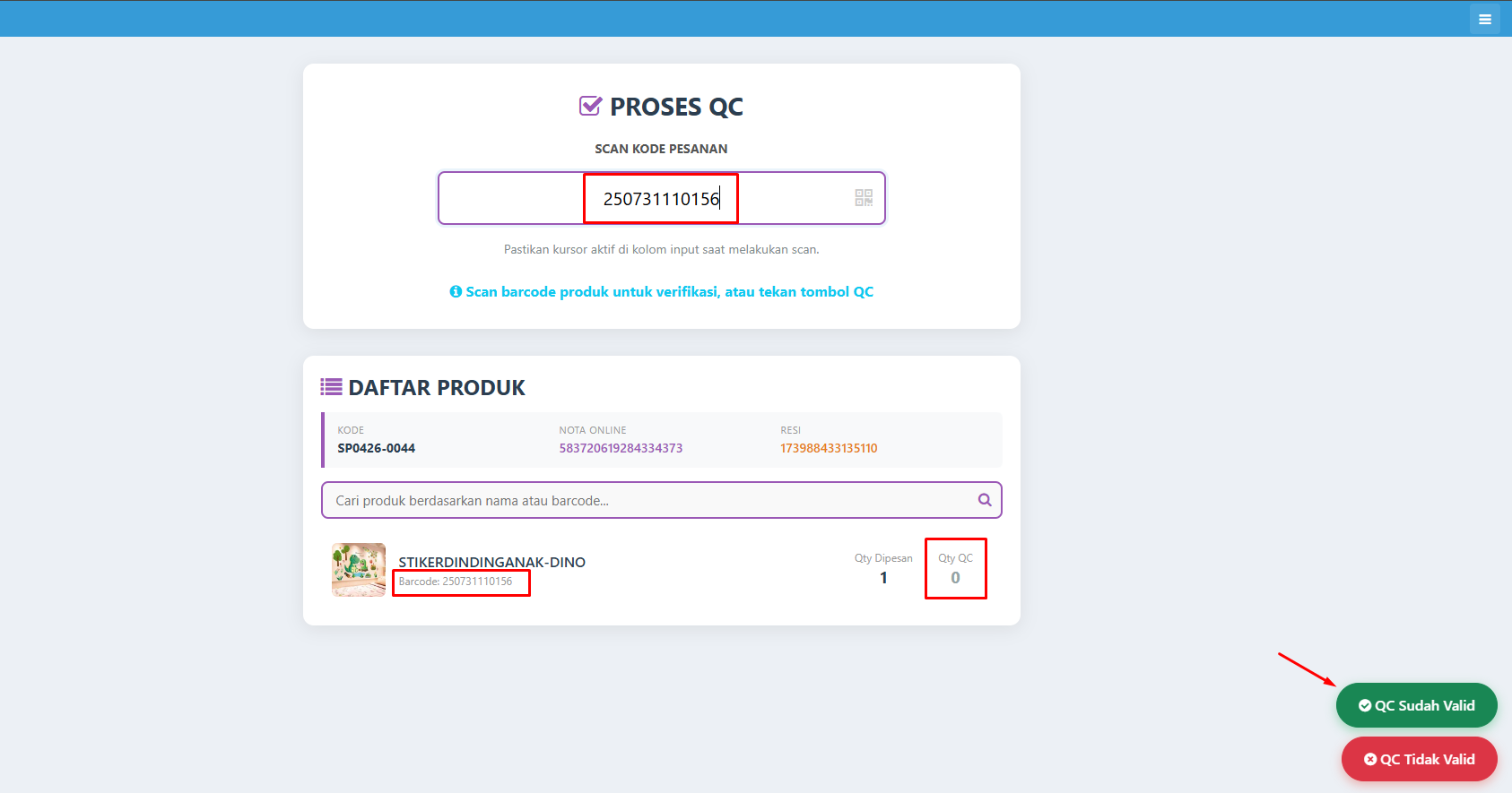 Screenshot verifikasi QC per produk dengan kolom QTY QC