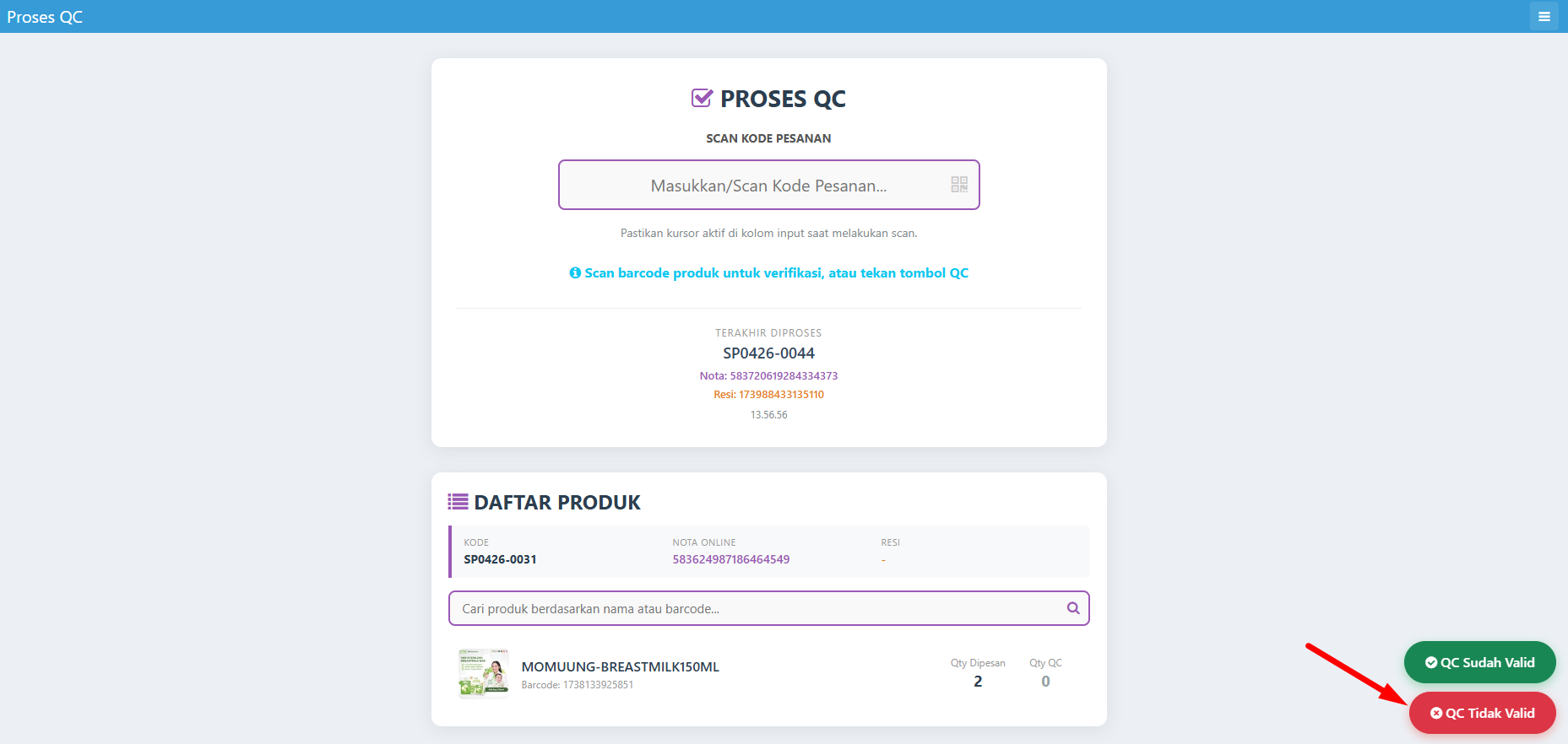 Tombol QC Tidak Valid di interface Proses QC