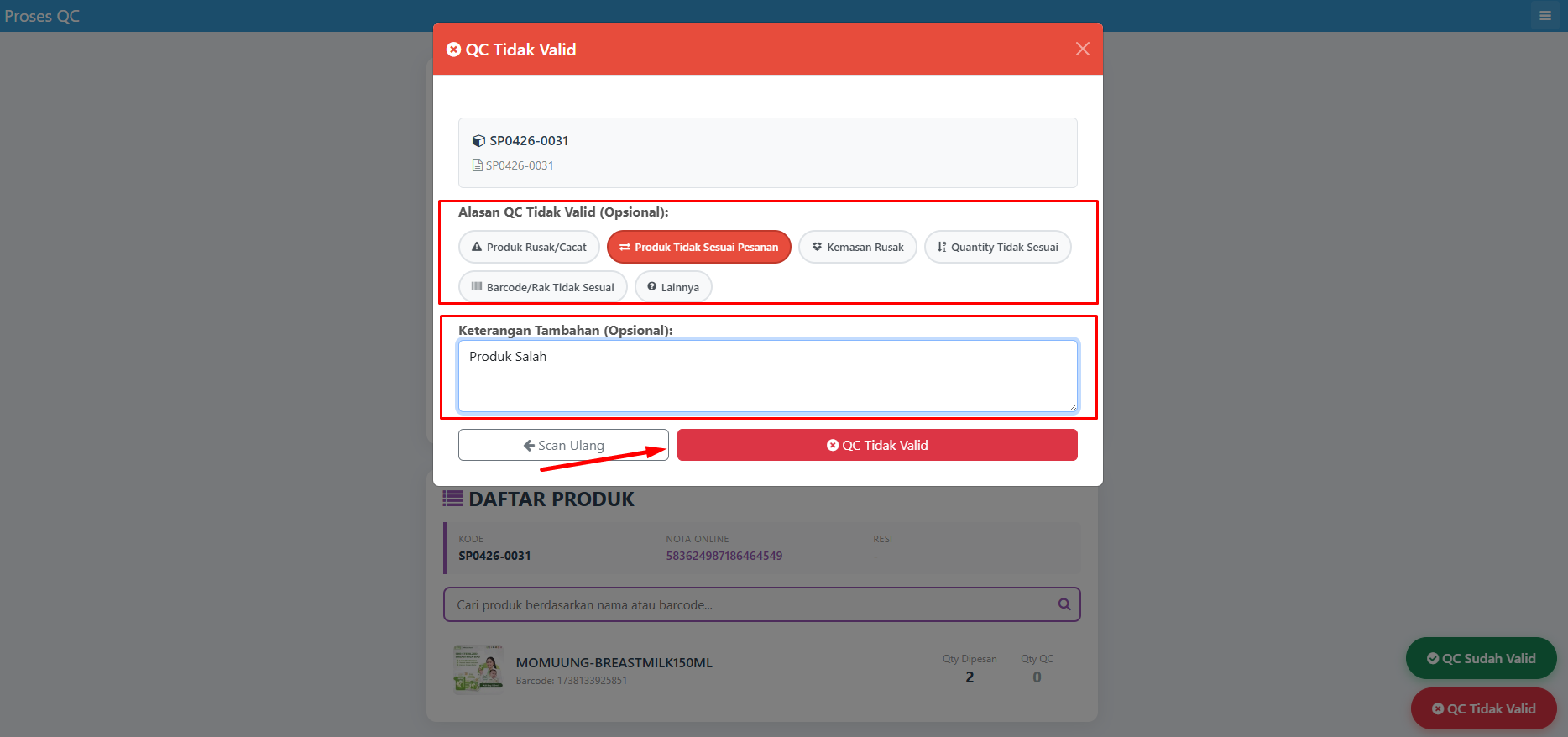 Pop-up input alasan QC gagal