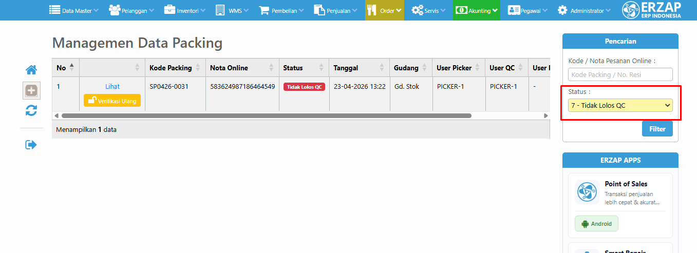 Filter status Tidak Lolos QC di Manajemen Packing