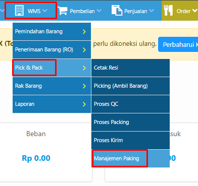 Menu WMS Manajemen Packing