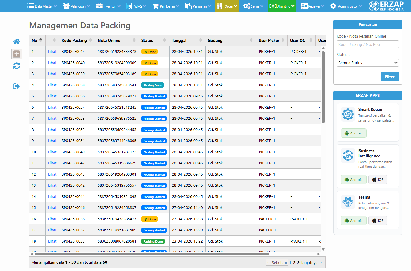 Screenshot manajemen data packing monitoring