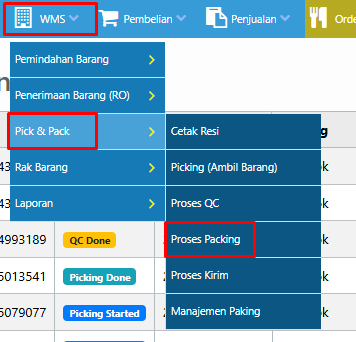 Screenshot menu navigasi WMS Pick Pack Proses Packing