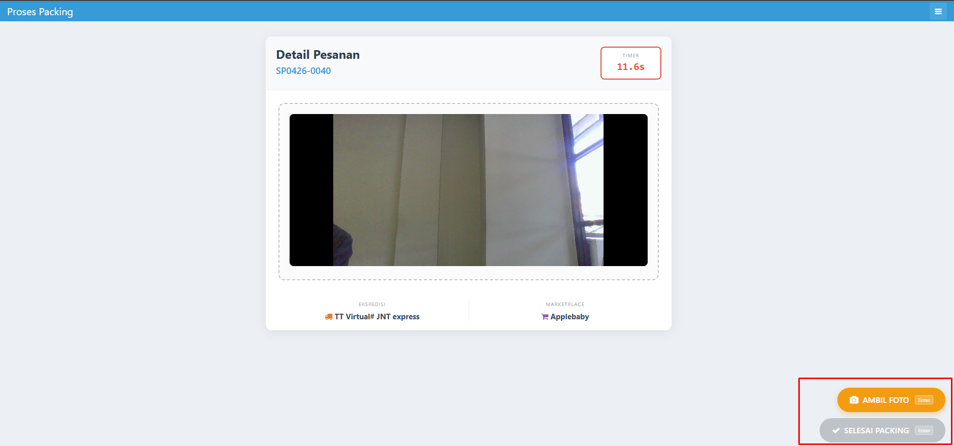 Screenshot halaman pengambilan foto paket dengan tombol Ambil Foto