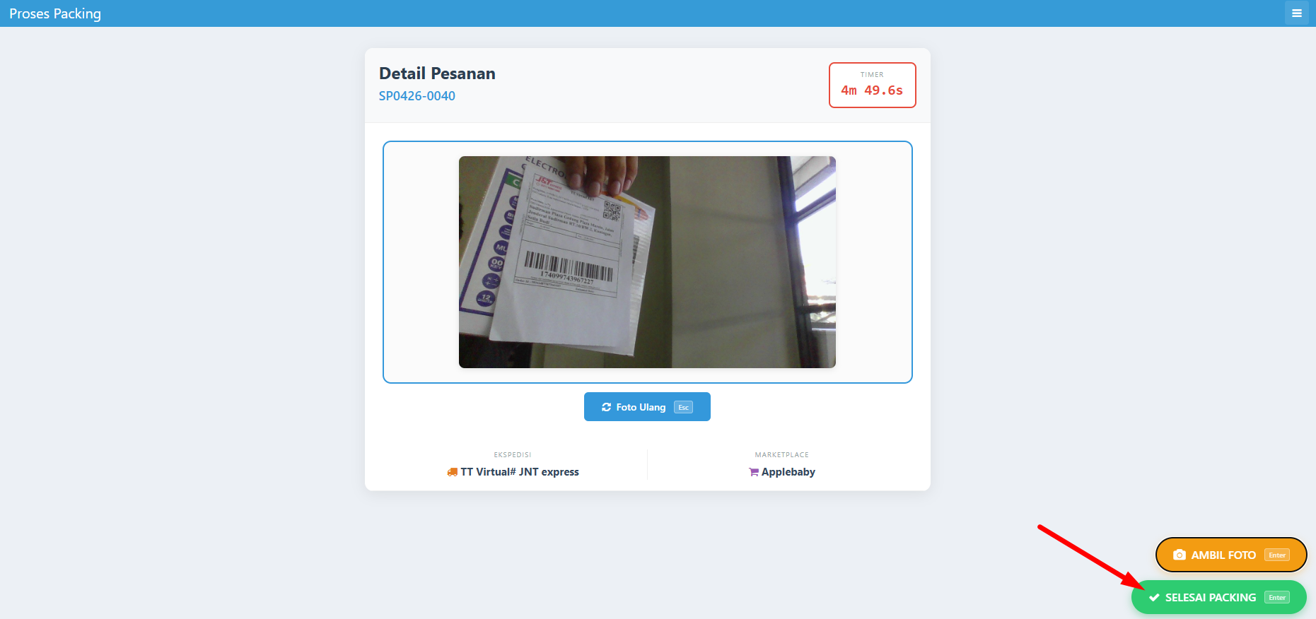 Screenshot halaman konfirmasi selesai packing dengan durasi tercatat
