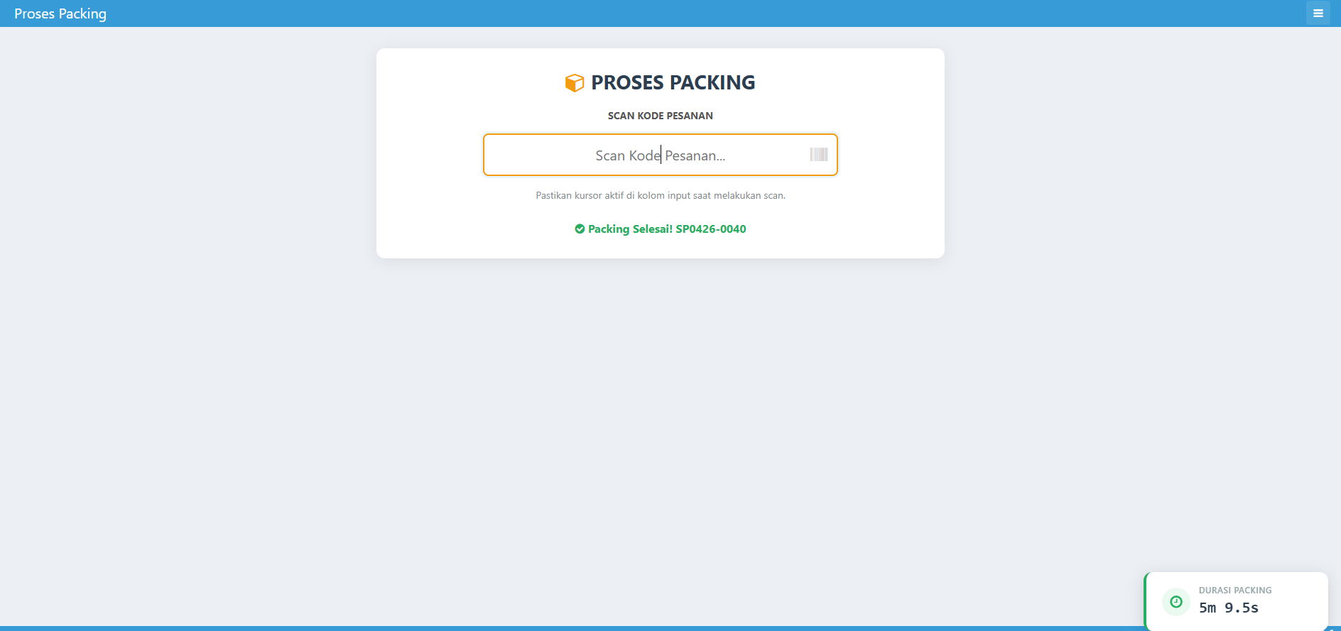 Screenshot notifikasi packing selesai dengan durasi proses tercatat