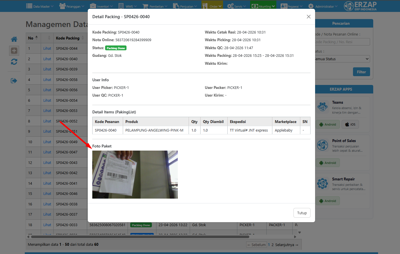 Screenshot menu Manajemen Packing dengan daftar pesanan dan status