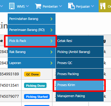 Menu Proses Kirim di WMS Pick Pack