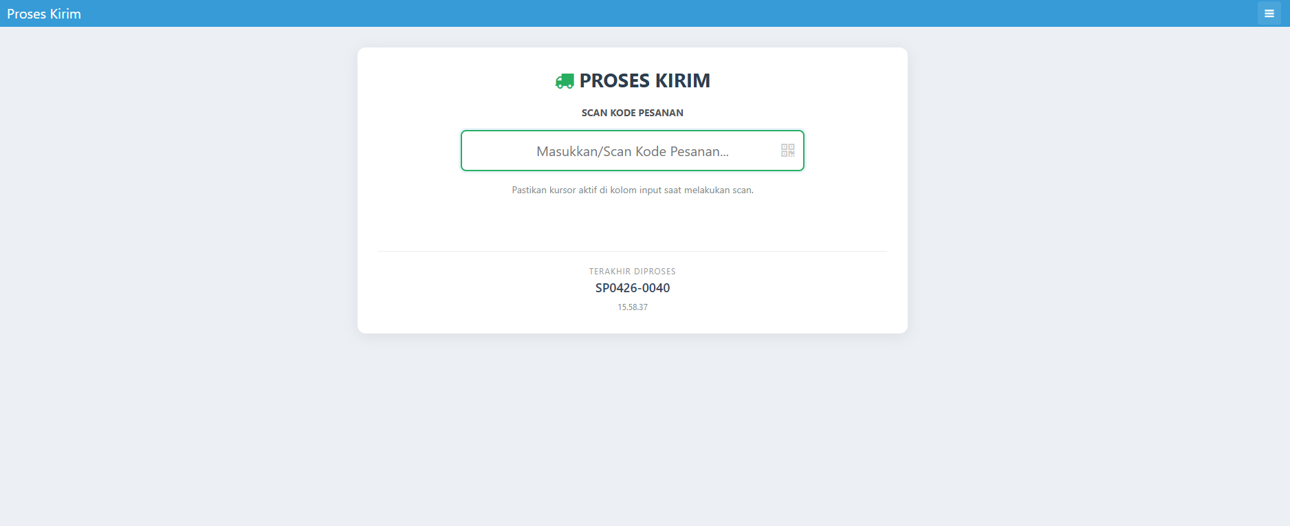 Kolom input scan kode pesanan di Proses Kirim