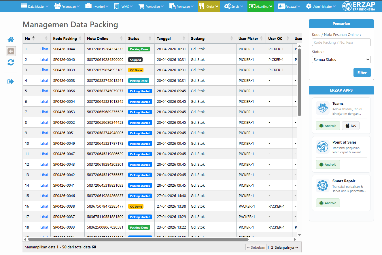 Halaman Manajemen Data Packing untuk monitoring status pesanan