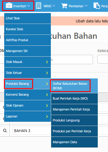 Menu akses Daftar Kebutuhan Bahan BOM
