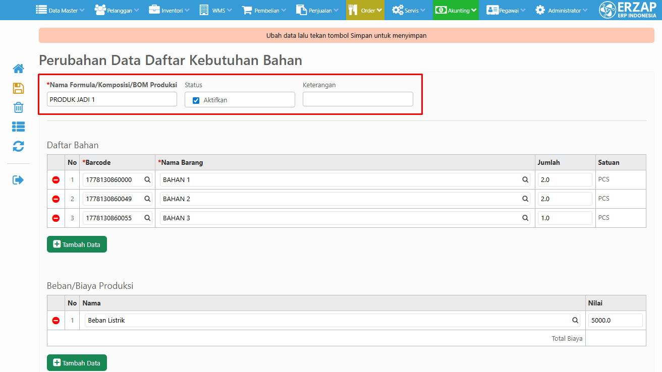 Bagian informasi utama formula BOM