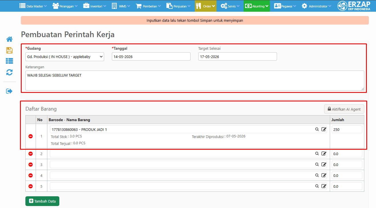 Form pembuatan perintah kerja WO
