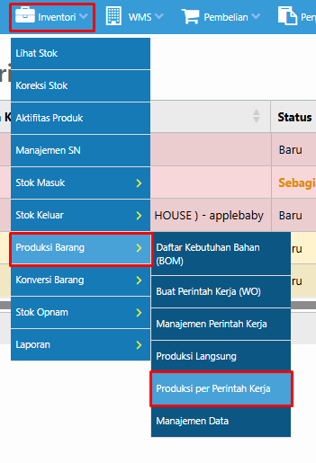 Menu akses Produksi Per Perintah Kerja