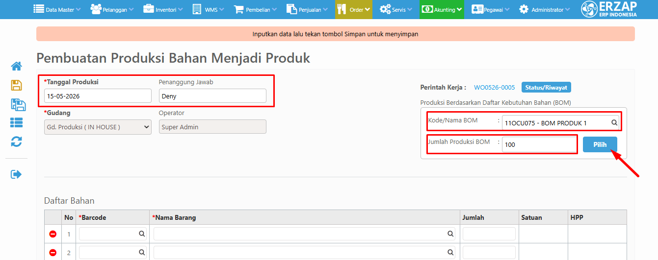 Form pengisian data produksi per perintah kerja
