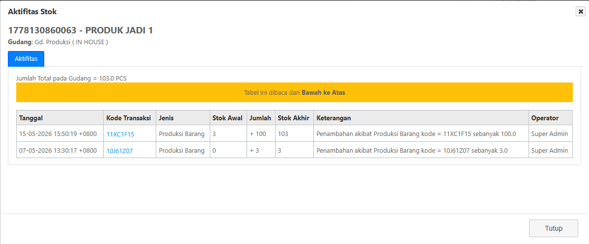 Tampilan setelah data produksi berhasil disimpan