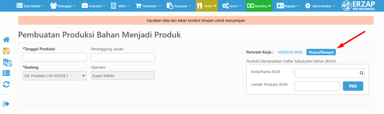 Menu akses status dan riwayat transaksi