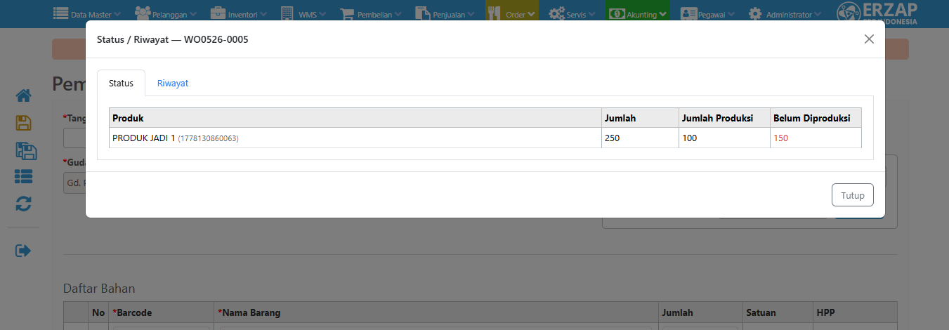Tampilan status transaksi produksi