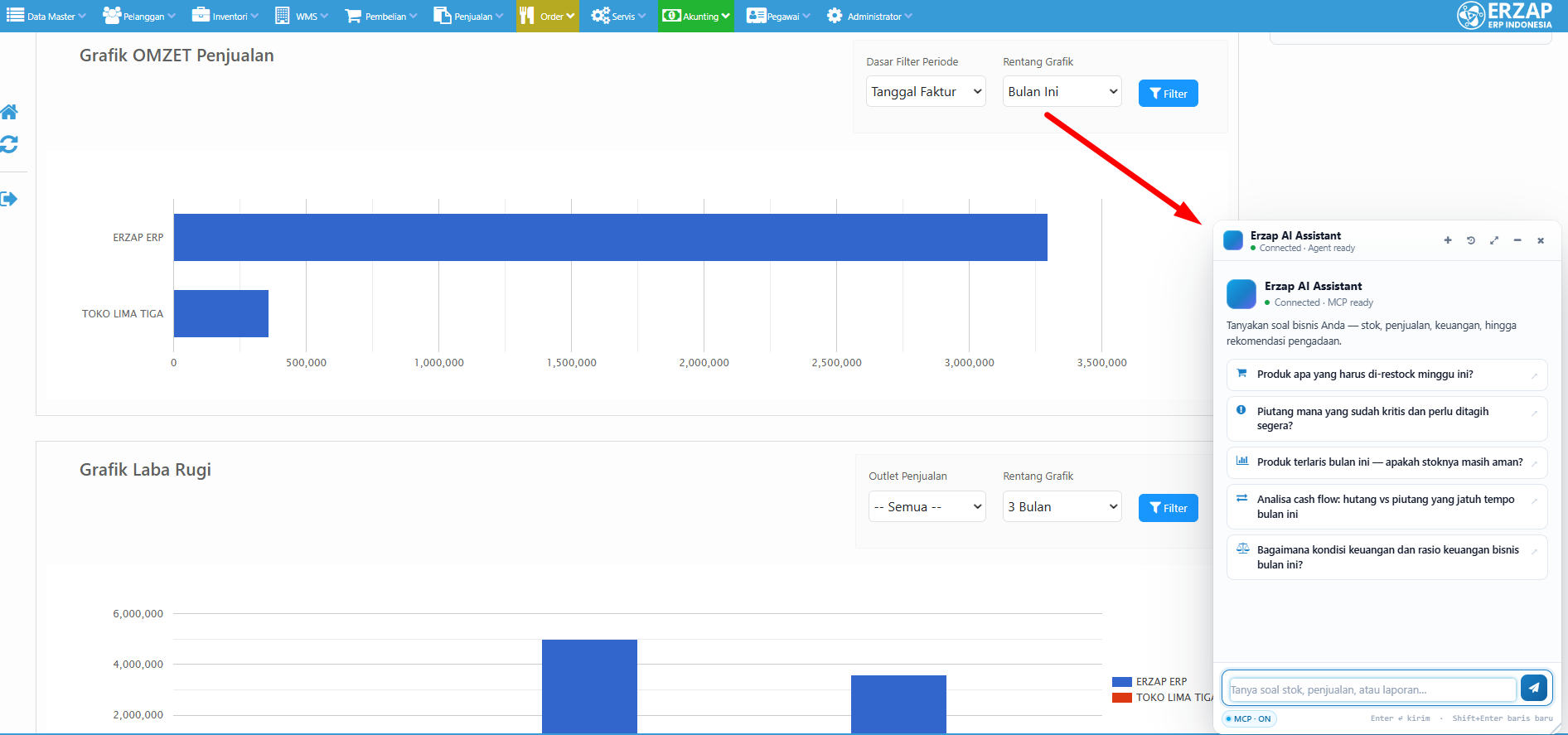 Interface Erzap AI Assistant di halaman back office