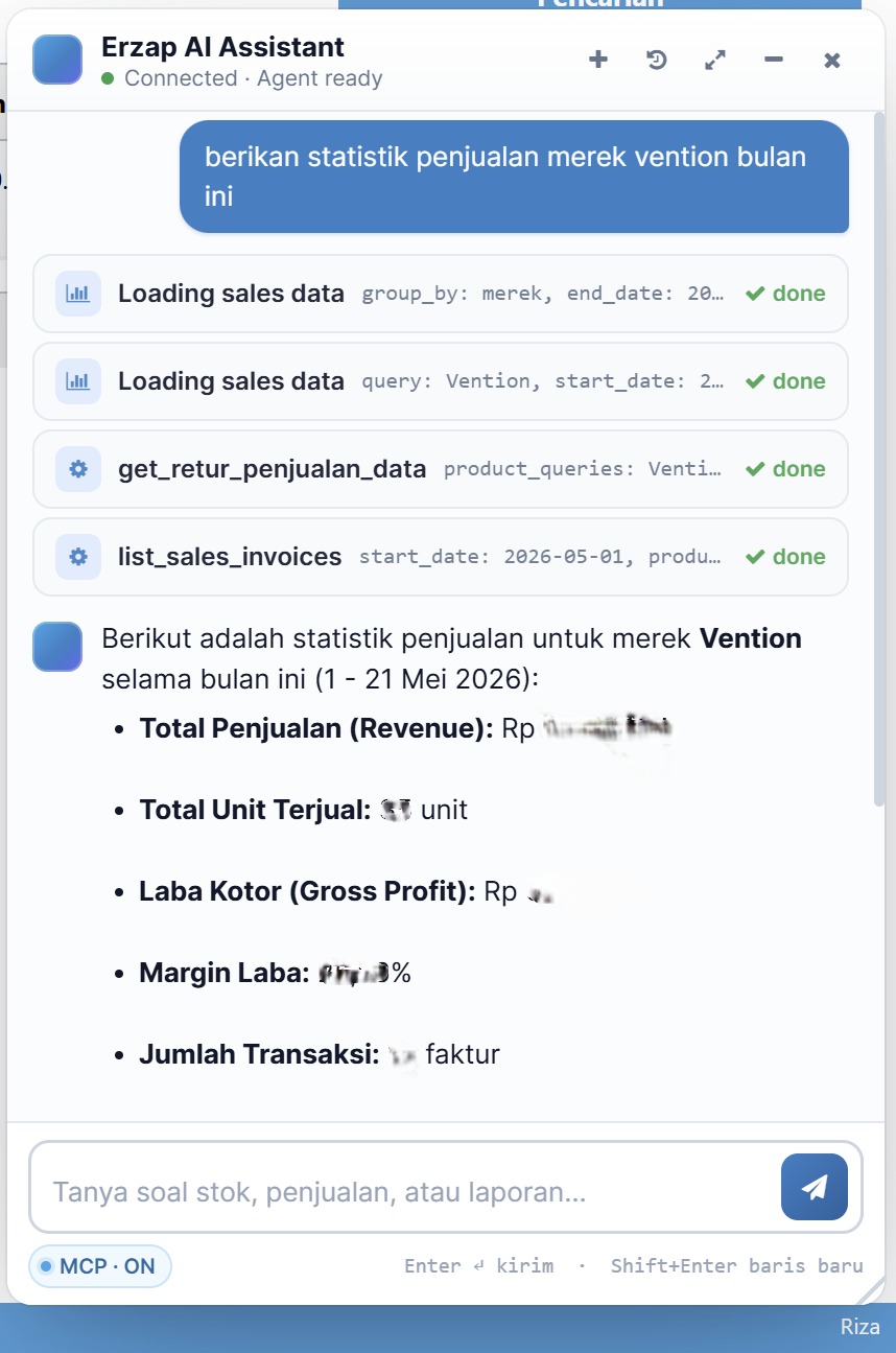 Contoh pertanyaan statistik penjualan ke AI Assistant
